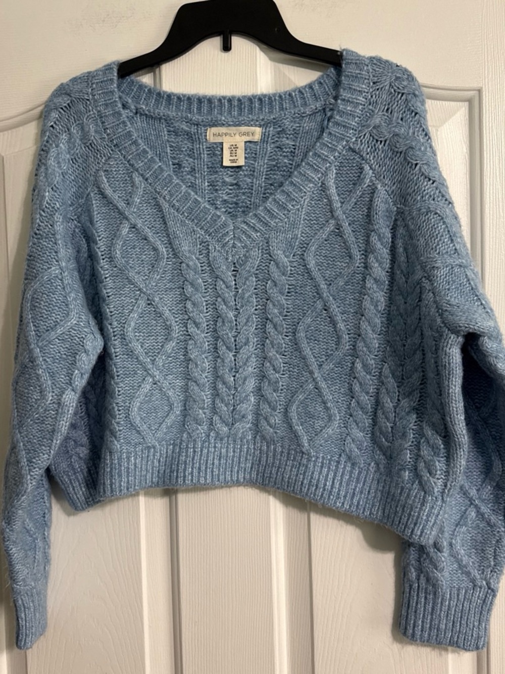 Happily Grey Sky Blue Cable-Knit V-Neck Sweater